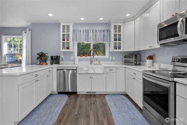 kitchen with dark wood-type flooring, white cabinetry, stainless steel appliances, sink, and kitchen peninsula