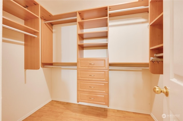 walk in closet with light hardwood / wood-style floors