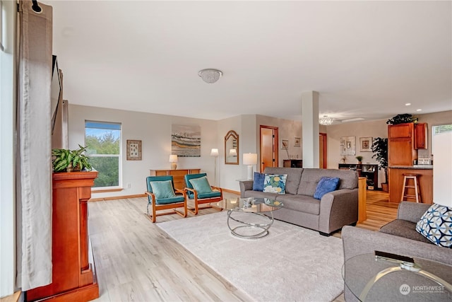 living room with light hardwood / wood-style flooring