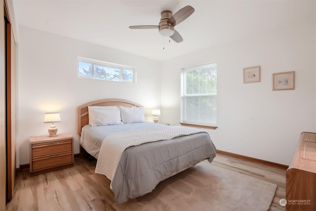 bedroom with ceiling fan and light wood-type flooring