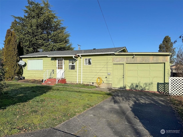 single story home with a garage and a front yard