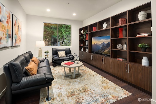 living area featuring dark wood-style flooring and recessed lighting