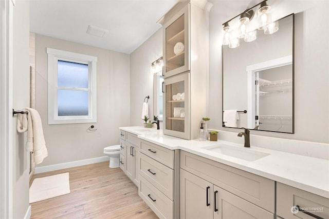 bathroom with vanity, toilet, and hardwood / wood-style floors