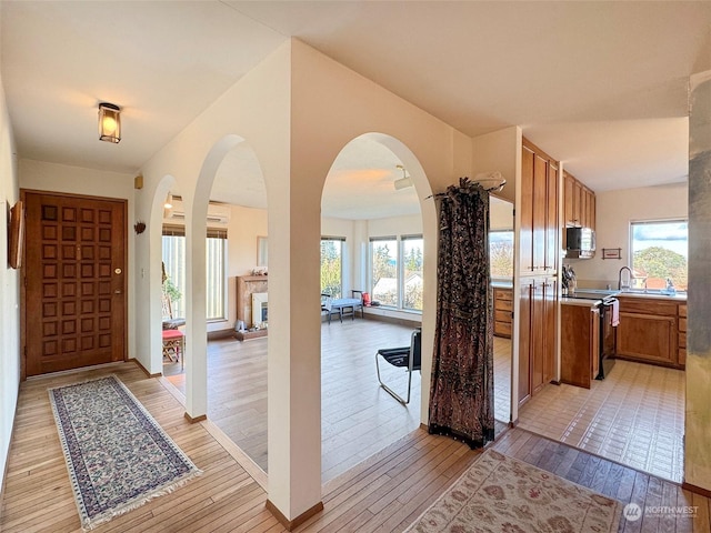 foyer featuring plenty of natural light and light hardwood / wood-style flooring