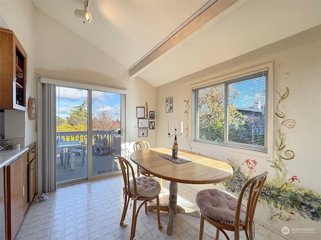 dining space with high vaulted ceiling