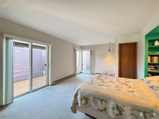 bedroom with a baseboard radiator, light carpet, and access to outside