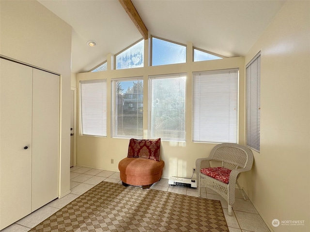 sunroom with vaulted ceiling with beams