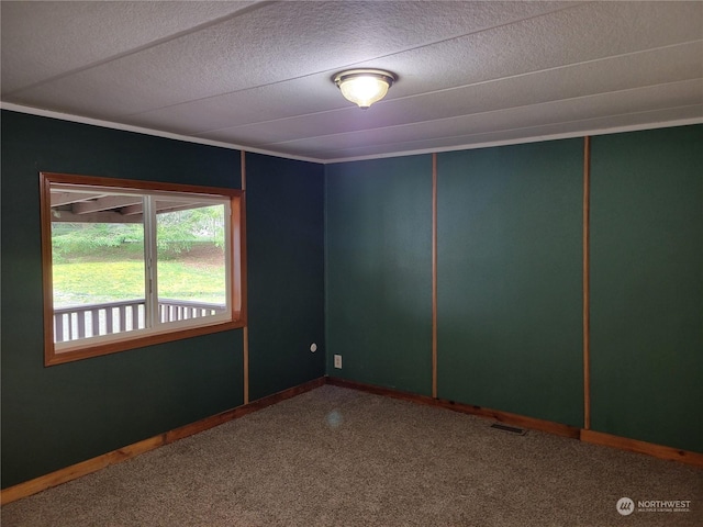 carpeted empty room with a textured ceiling