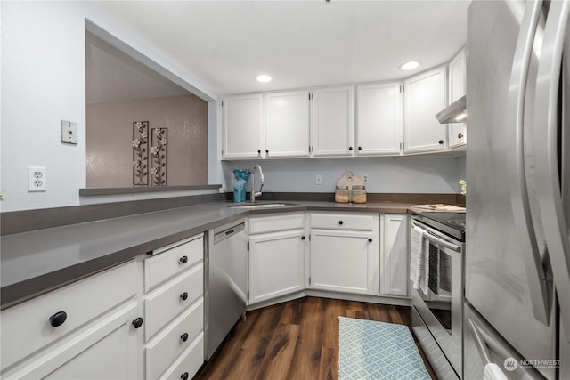 kitchen with sink, white cabinetry, appliances with stainless steel finishes, and dark hardwood / wood-style floors