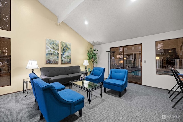 living room with carpet flooring, vaulted ceiling with beams, and a textured ceiling