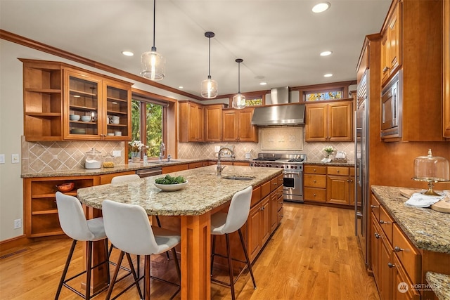 kitchen featuring light stone countertops, appliances with stainless steel finishes, a kitchen island with sink, sink, and wall chimney exhaust hood