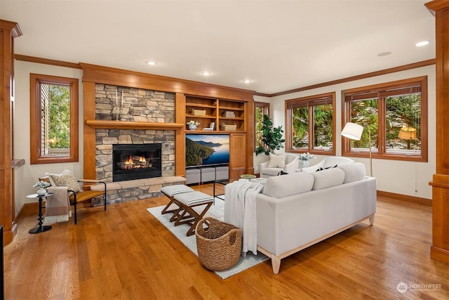 living room with ornamental molding, a wealth of natural light, light hardwood / wood-style flooring, and a fireplace