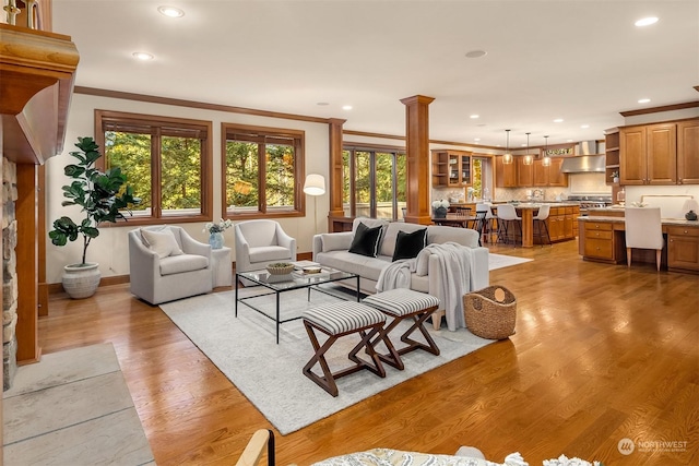 living room featuring light hardwood / wood-style floors, ornamental molding, and decorative columns