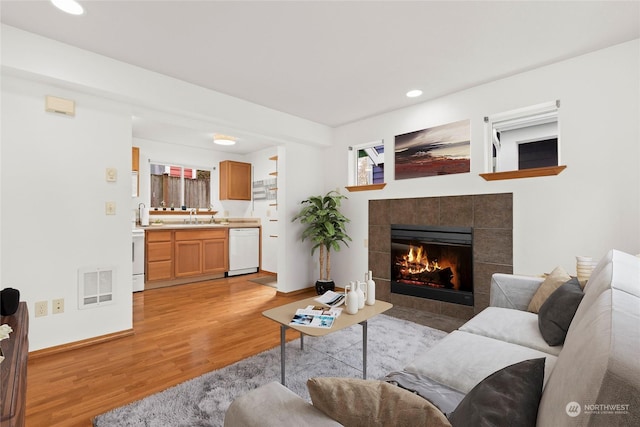 living room with sink, a fireplace, and light hardwood / wood-style flooring