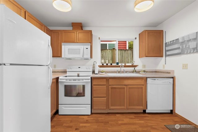 kitchen featuring sink, white appliances, and light wood-type flooring