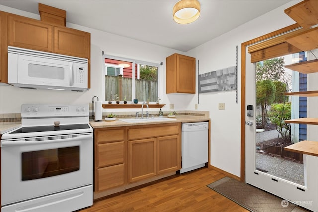 kitchen featuring sink, white appliances, plenty of natural light, and light hardwood / wood-style floors