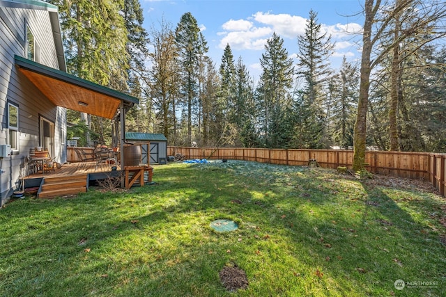 view of yard featuring a deck and a shed