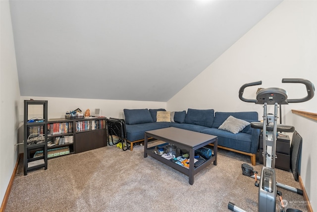 exercise room featuring carpet floors and vaulted ceiling