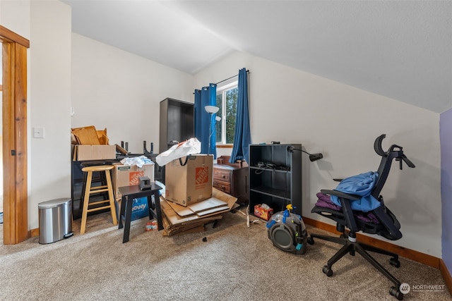 misc room with vaulted ceiling and carpet