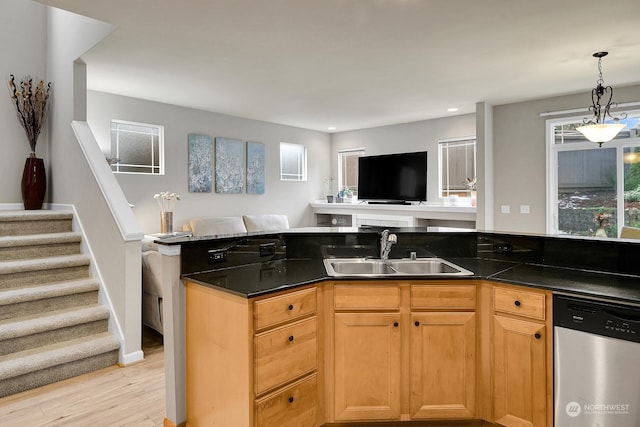 kitchen with stainless steel dishwasher, plenty of natural light, sink, and light hardwood / wood-style flooring