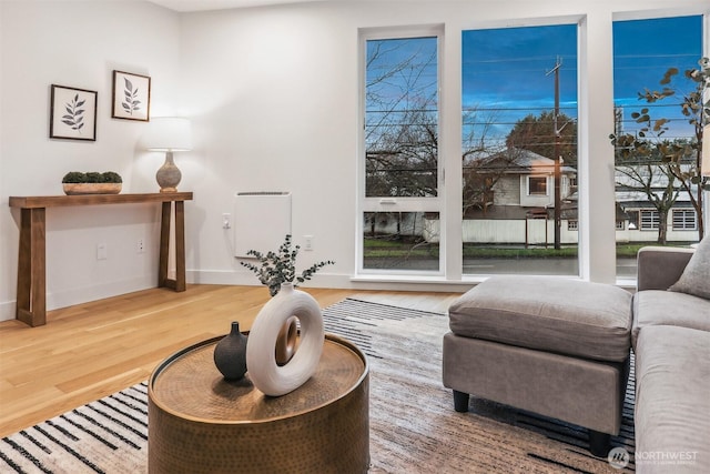 sitting room featuring plenty of natural light, wood finished floors, and baseboards