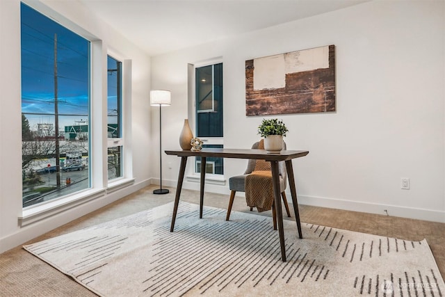 office space featuring carpet floors and baseboards