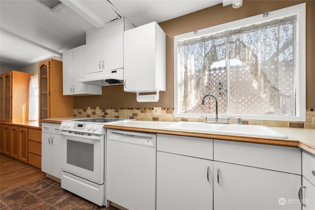 14204 NE 10th Ave Unit 2, Vancouver, WA 98685 - kitchen featuring white cabinetry, sink, white appliances, and backsplash