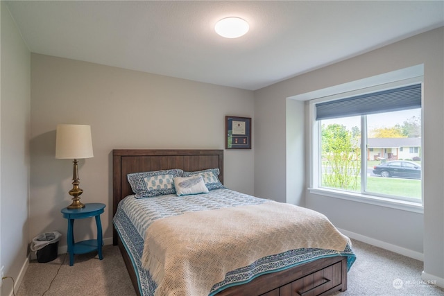 bedroom with light colored carpet