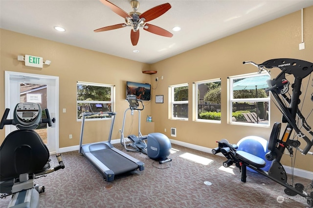 workout room featuring ceiling fan and carpet flooring