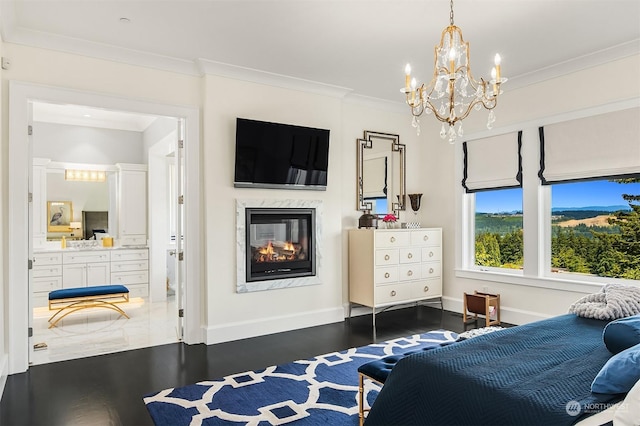 bedroom featuring crown molding, dark hardwood / wood-style floors, and a premium fireplace