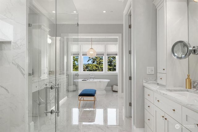 bathroom with plus walk in shower and vanity