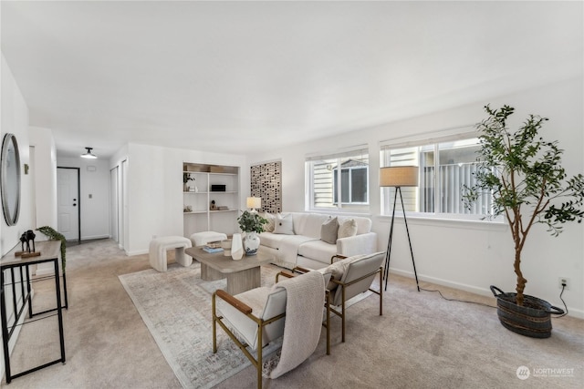 living room with light colored carpet