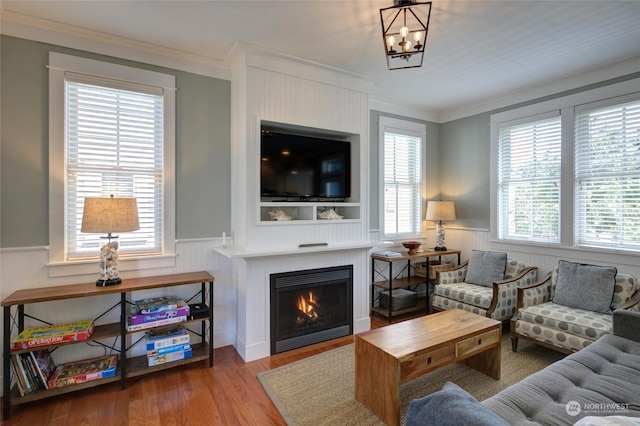 living room with a lit fireplace, wainscoting, and wood finished floors