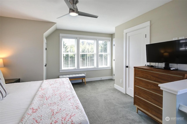 carpeted bedroom featuring ceiling fan and baseboards