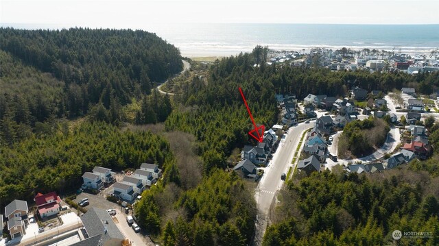 birds eye view of property featuring a water view and a view of trees