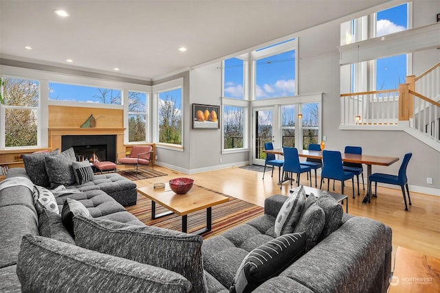 living room featuring light hardwood / wood-style floors and ornamental molding