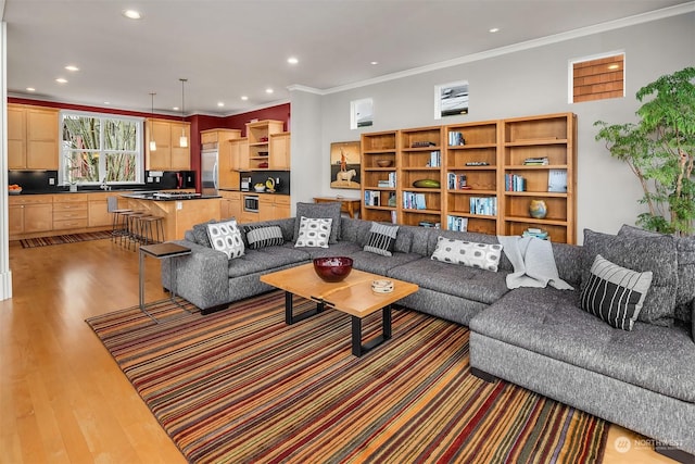 living room with crown molding and dark wood-type flooring