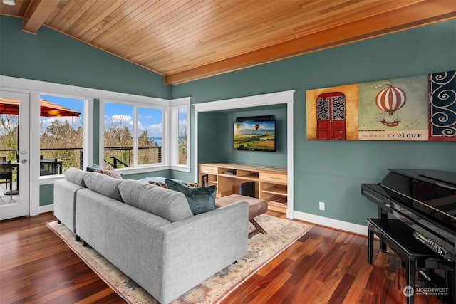 living room featuring a wealth of natural light, dark hardwood / wood-style flooring, and lofted ceiling with beams