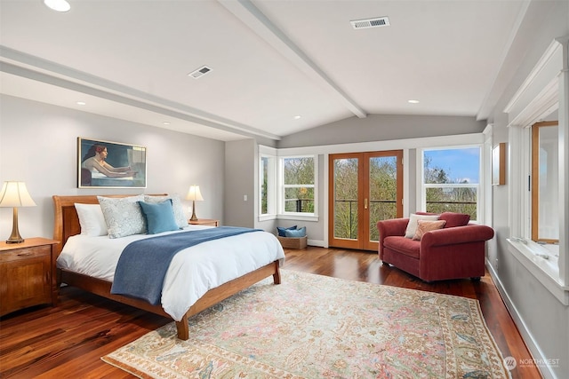 bedroom with dark hardwood / wood-style floors, access to outside, french doors, and vaulted ceiling with beams