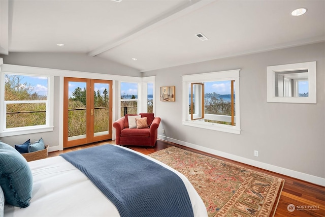 bedroom with hardwood / wood-style flooring, french doors, vaulted ceiling with beams, and access to outside