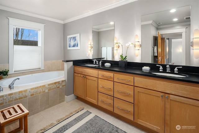 bathroom with vanity, crown molding, tiled bath, and tile patterned flooring