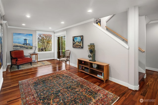 sitting room with crown molding and dark wood-type flooring