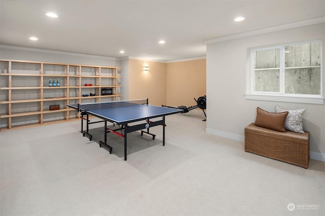 rec room featuring carpet and crown molding