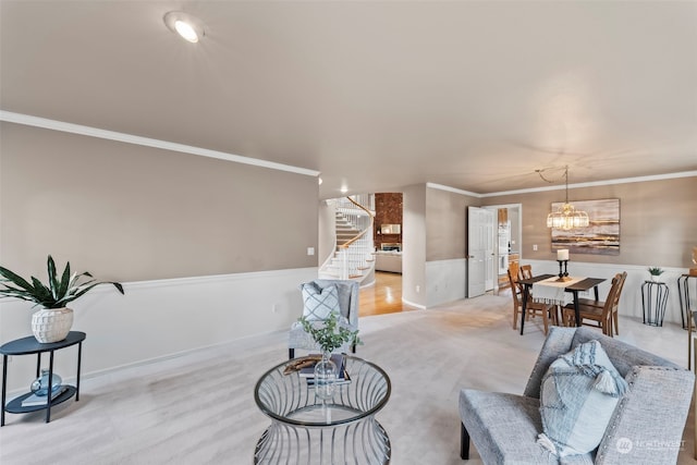 interior space with crown molding, an inviting chandelier, and light carpet