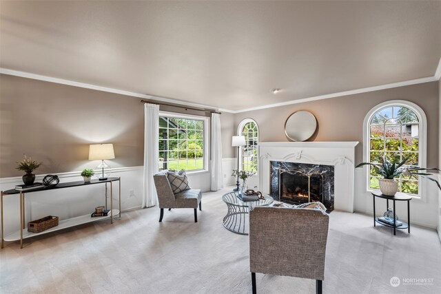 carpeted living room with ornamental molding and a fireplace