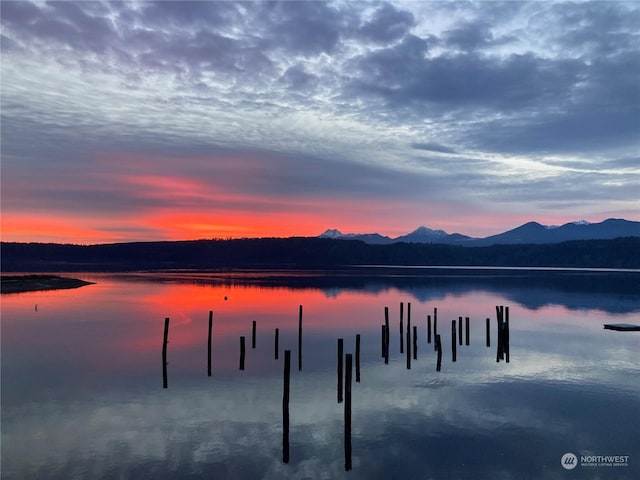 property view of water featuring a mountain view and a dock