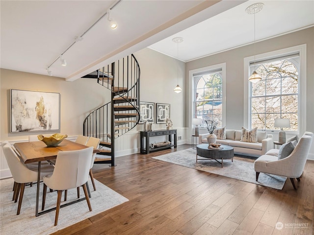 dining space featuring rail lighting, dark wood-type flooring, and ornamental molding