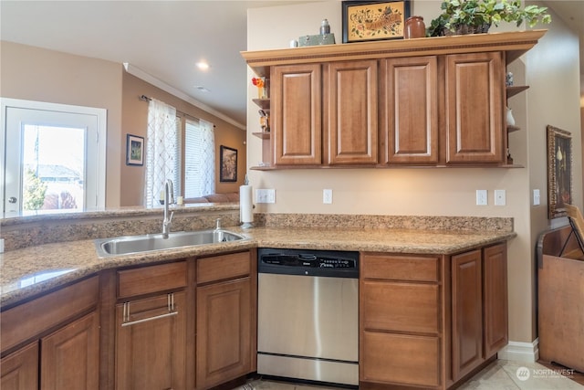 kitchen featuring sink, crown molding, dishwasher, light tile patterned flooring, and kitchen peninsula