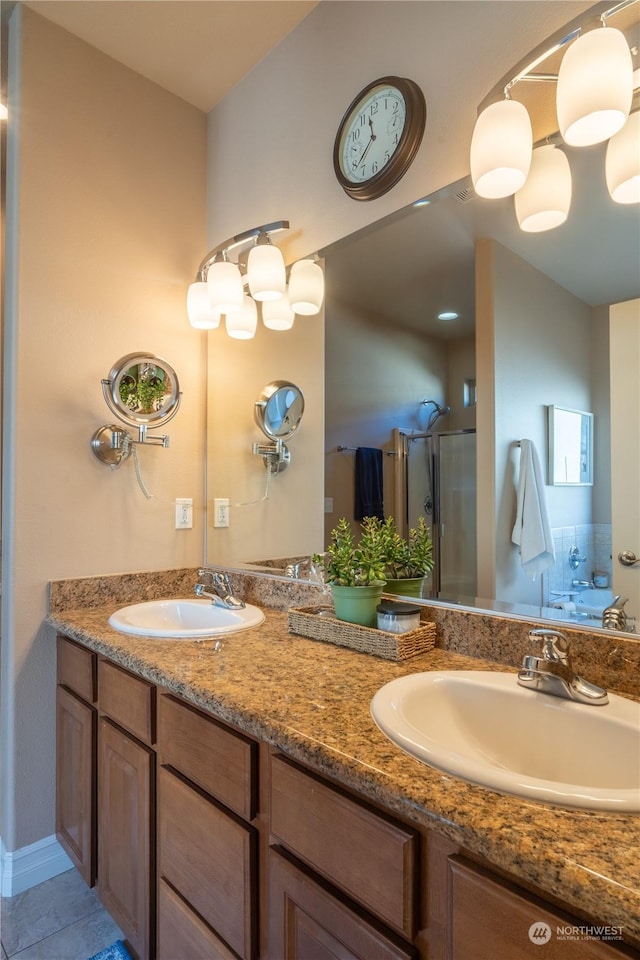 bathroom featuring independent shower and bath, vanity, and tile patterned flooring