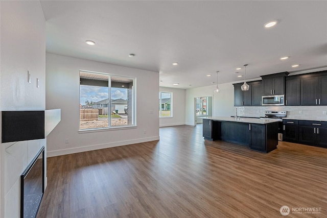 kitchen featuring open floor plan, stainless steel appliances, dark wood-type flooring, and decorative backsplash